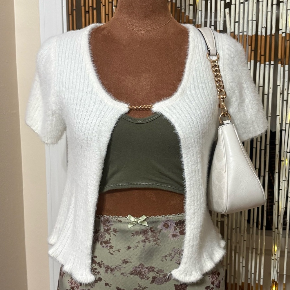 Sincerely Jules White Fuzzy Crop Cardigan with Gold Chain